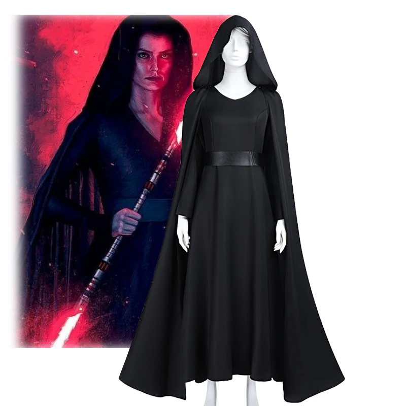 Schwarzes Rey Cosplay-Kostüm für Erwachsene, weiblich, Space Warrior-Kostüm, schwarzer langer Kapuzenumhang, Wars 9, Halloween-Party, Karneval, Party-Anzug Image