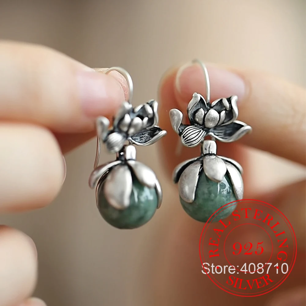 925 Sterling Silber Schmuck Vintage Runde Jade Lotus Ohrhänger für Damen Hochzeit Party Schmuck für Mädchen Freundin Geschenk