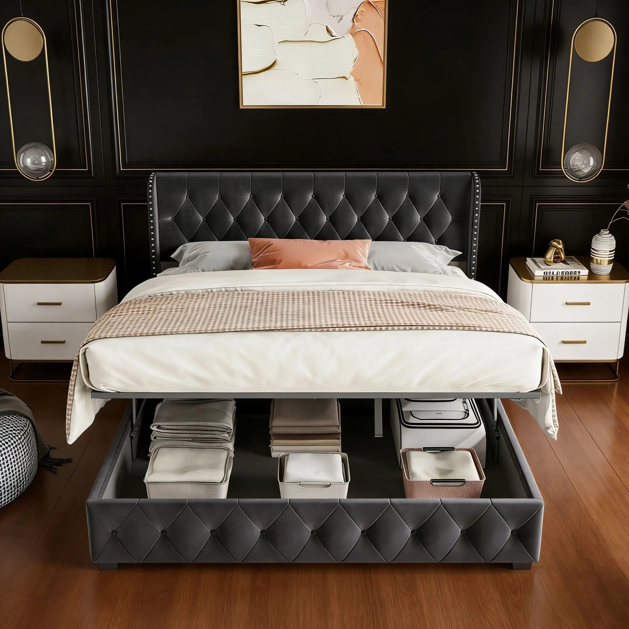 Doppelbett 160x200 cm, doppelt gepolstertes Bett mit Lattenrost, Bett für 2 Personen, Samtstoff, grau, skandinavischer Stil