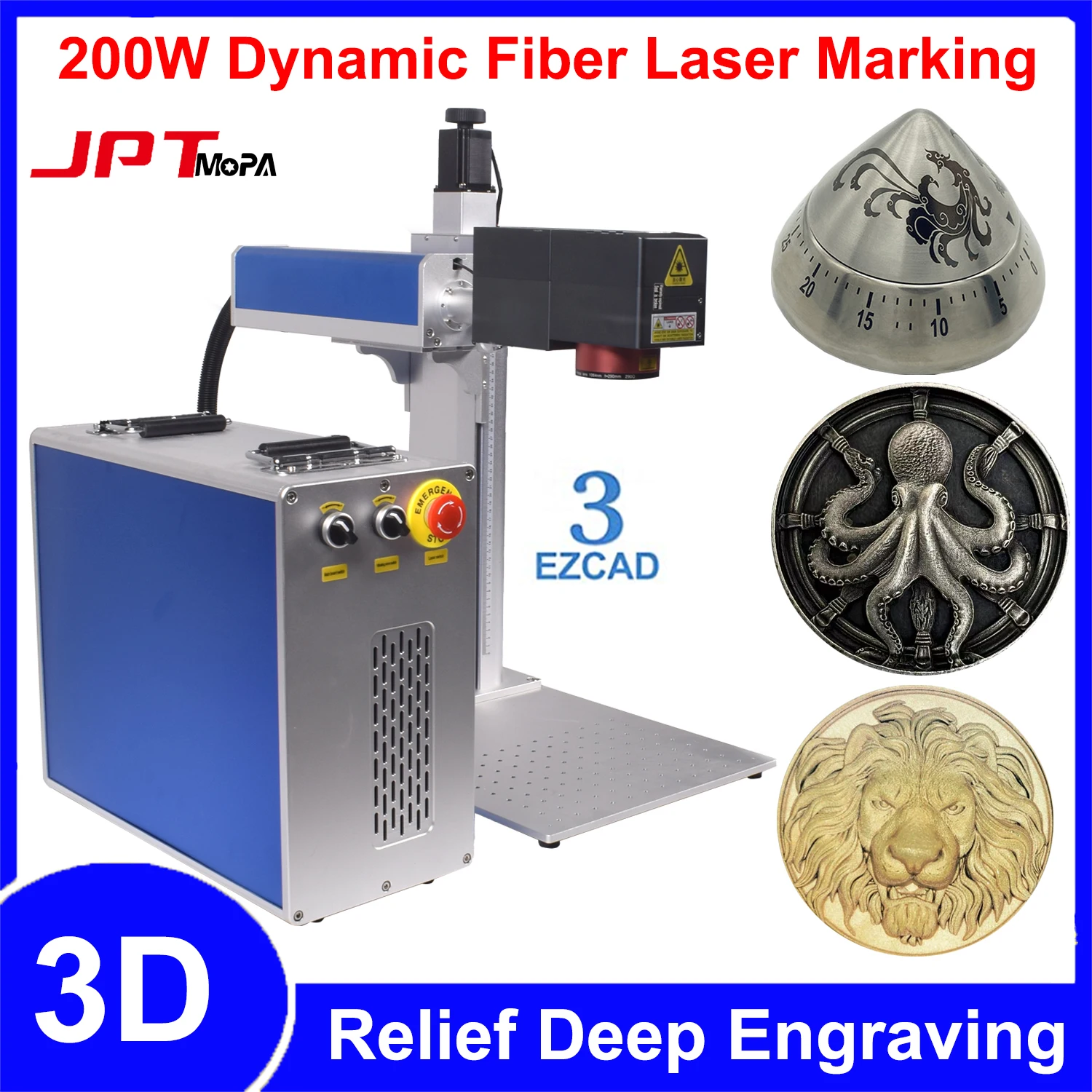 300W 3D-Relief-Tiefengravurmaschine 200W JPT Mopa Faserlaser-Markier- und Schneidemaschine 3-Achsen-Lasergraviergerät für Metall und Schmuck Image