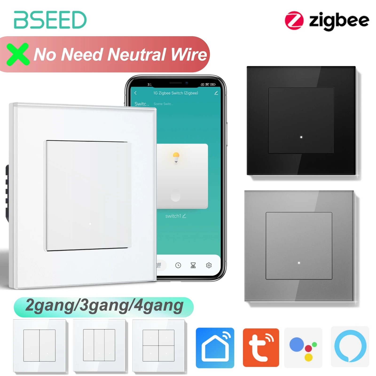 BSEED Zigbee-Klick-Schalter, kein Neutralleiter erforderlich, intelligente Wandlichtschalter, Glasrahmen, EU-Standard, für Tuya Alice Alexa Image