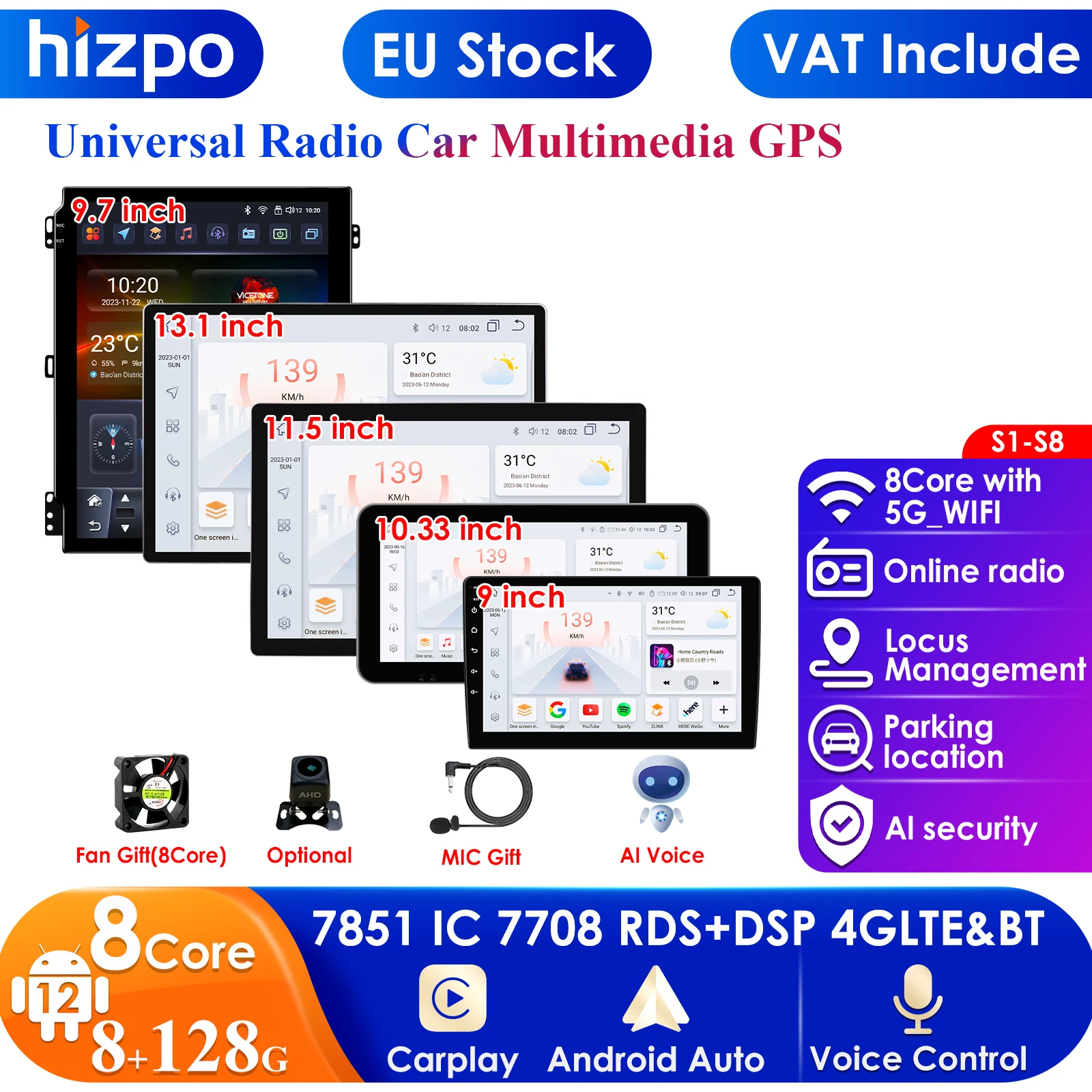 Hizpo 2Din 10,1' 10,33' Universal AutoRadio Carplay 4G WIFI BT GPS AI Systeme Android 13 Auto Radio GPS Navigation RDS Player Cam Image