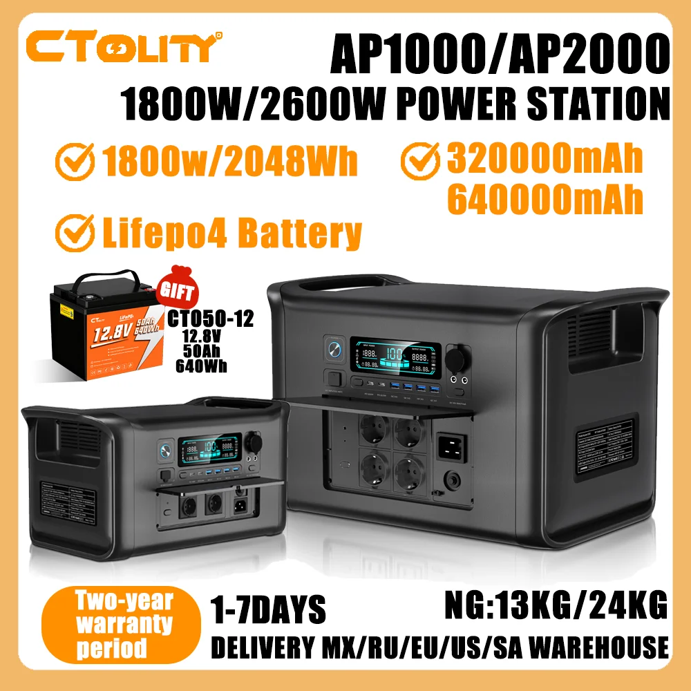 CTOLITY AP1000/AP2000 1800W/2600W 2048Wh Solargenerator Tragbare Powerstation Camping LiFePO4-Akku AC-Anschlüsse 640000mAh Image