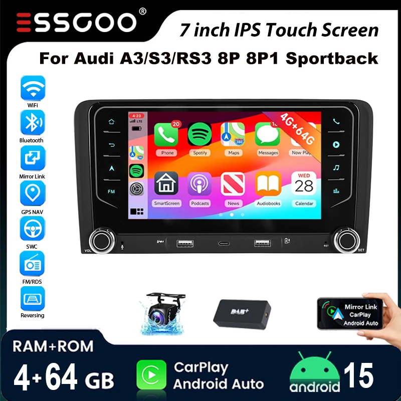 ESSGOO Autoradio Android15 7" 4+64 GB für Audi A3 8P 8P1 3-Türer/S3 8P/RS3 Sportback Wireless CarPlay GPS Navigation WiFi Bluetooth RDS FM USB RGB Lenkradsteuerung Android Auto Mirror Link CANBUS 2+32 Image