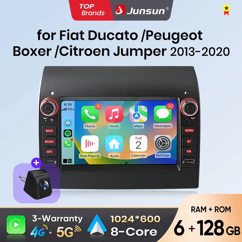 Junsun 7-Zoll Kabelloses CarPlay Android Auto Autoradio für Fiat Ducato 2015 2016 2017-2020 Multimedia Kabelloses Apple CarPlay Intelligente Systeme IPS Touchscreen Stereo-Videoplayer 2 Din Autoradio Image