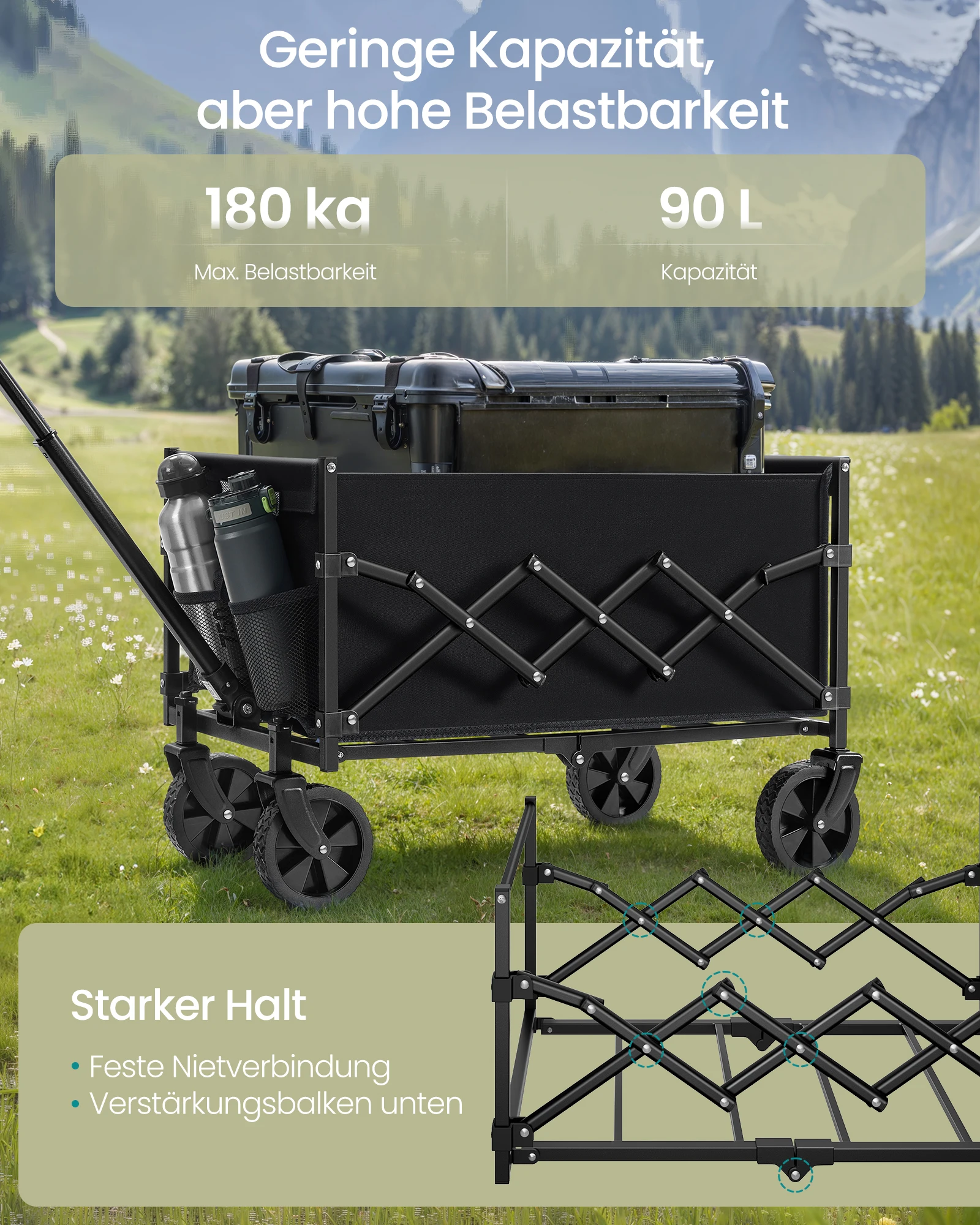 SONGMICS Bollerwagen, Handwagen faltbar, Gartenwagen mit Griff und 4 Rollen, für Outdoor, Garten Image