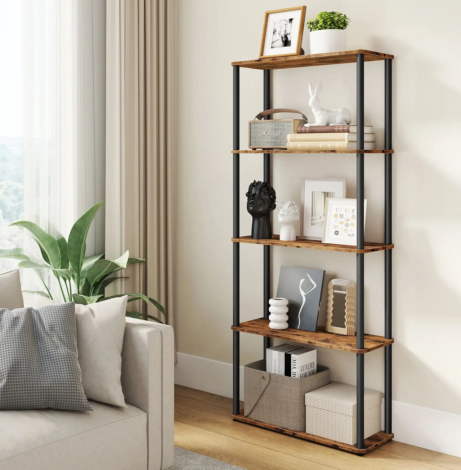 VASAGLE Superschnelle werkzeuglose Montage, Regal mit 5 Ebenen, Standregal, 23,8 x 60 x 139 cm, braun-schwarz Image