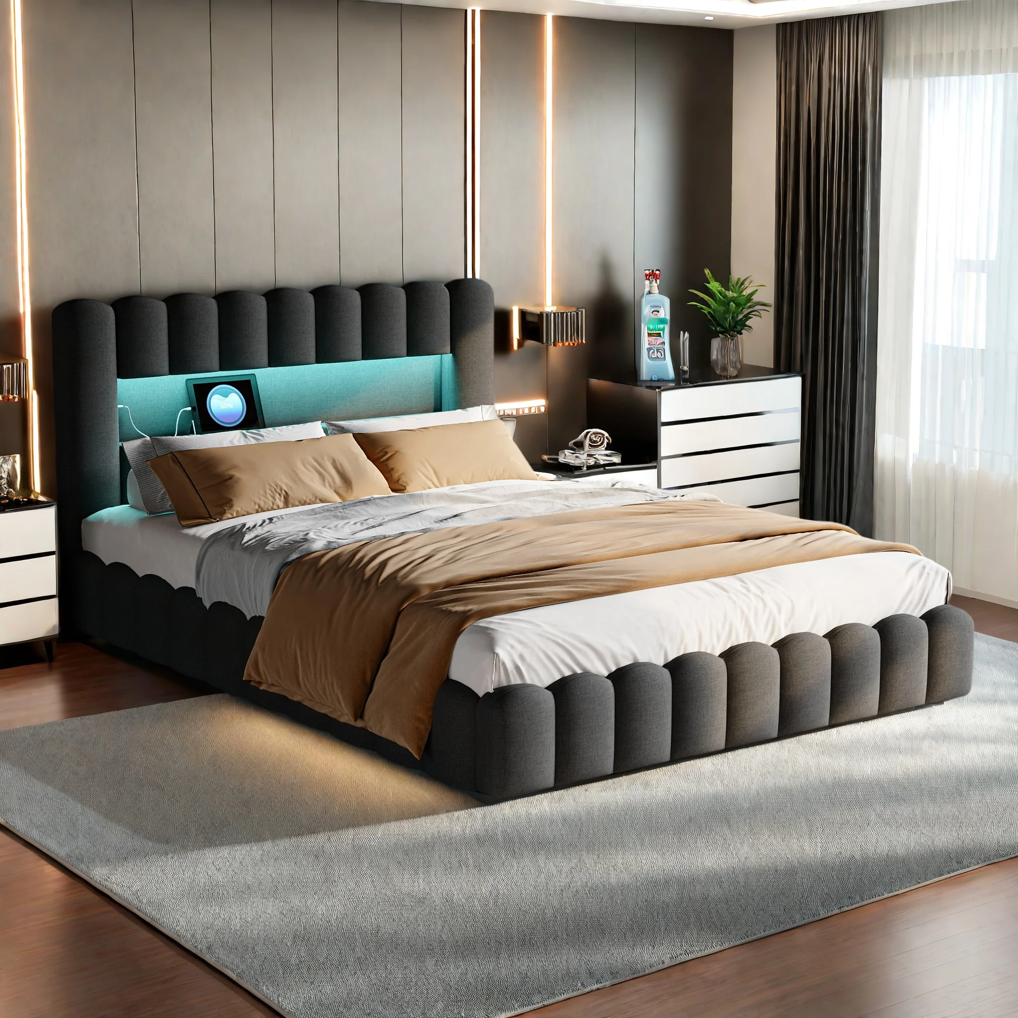 Rosahqnda gepolstertes Doppelbett, hydraulisches Bett mit Bettkasten und Lattenrost, mit LED, Stauraumbett, funktionelles Bett