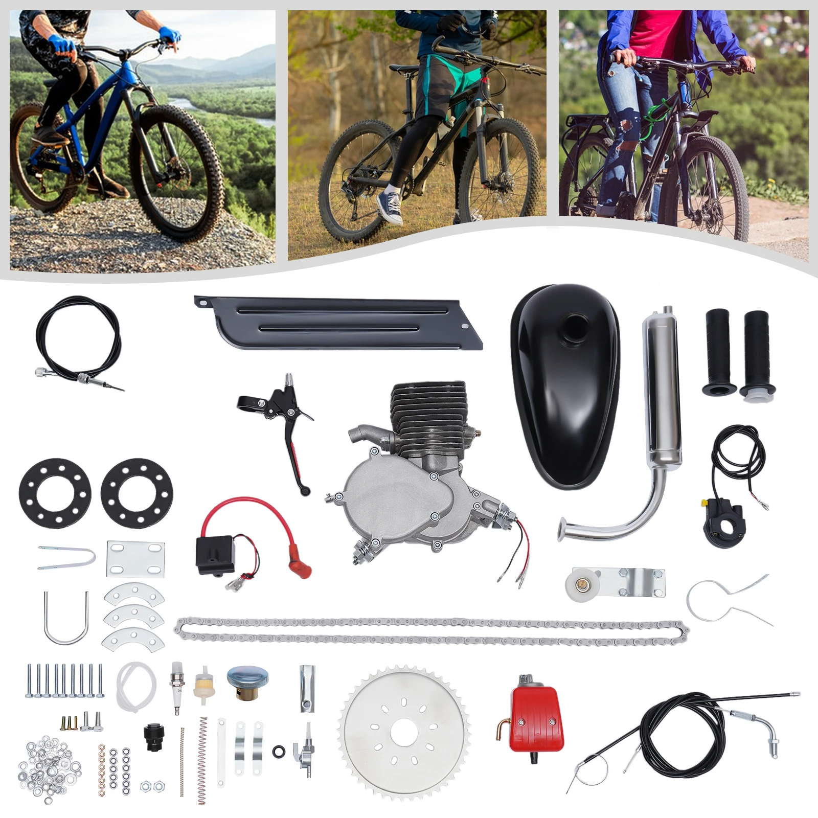 Set motore a benzina per bici a 2 tempi 36/44 denti 100CC Kit motore a benzina per bicicletta Modifica la velocità Cilindro singolo, raffreddamento ad aria