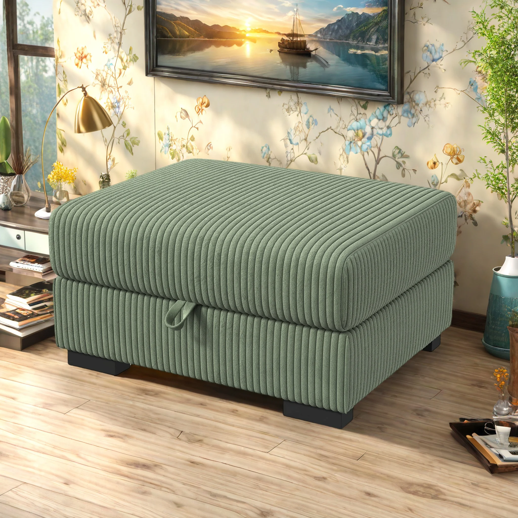 Sitzhocker mit Stauraum, 87 x 44 x 69 cm, Fußhocker aus Cord mit gepolstertem Deckel, Faltbare Hocker, Sitztruhe bis 200 kg belastbar, Aufbewahrungsbox für Wohnzimmer, Schlafzimmer & Flur, Grün