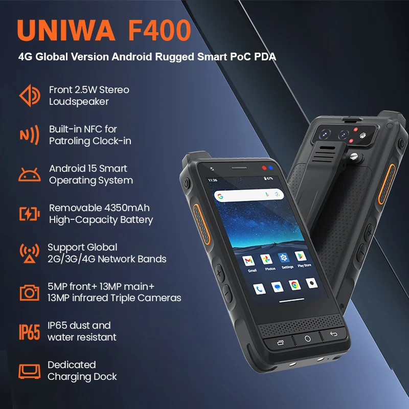 UNIWA F400 4G Robustes PDA Zello POC Walkie-Talkie Global Android 15 4 Zoll 4GB+64GB 2,5W Großer Lautsprecher 4350mAh PoC SOS-Taste NFC