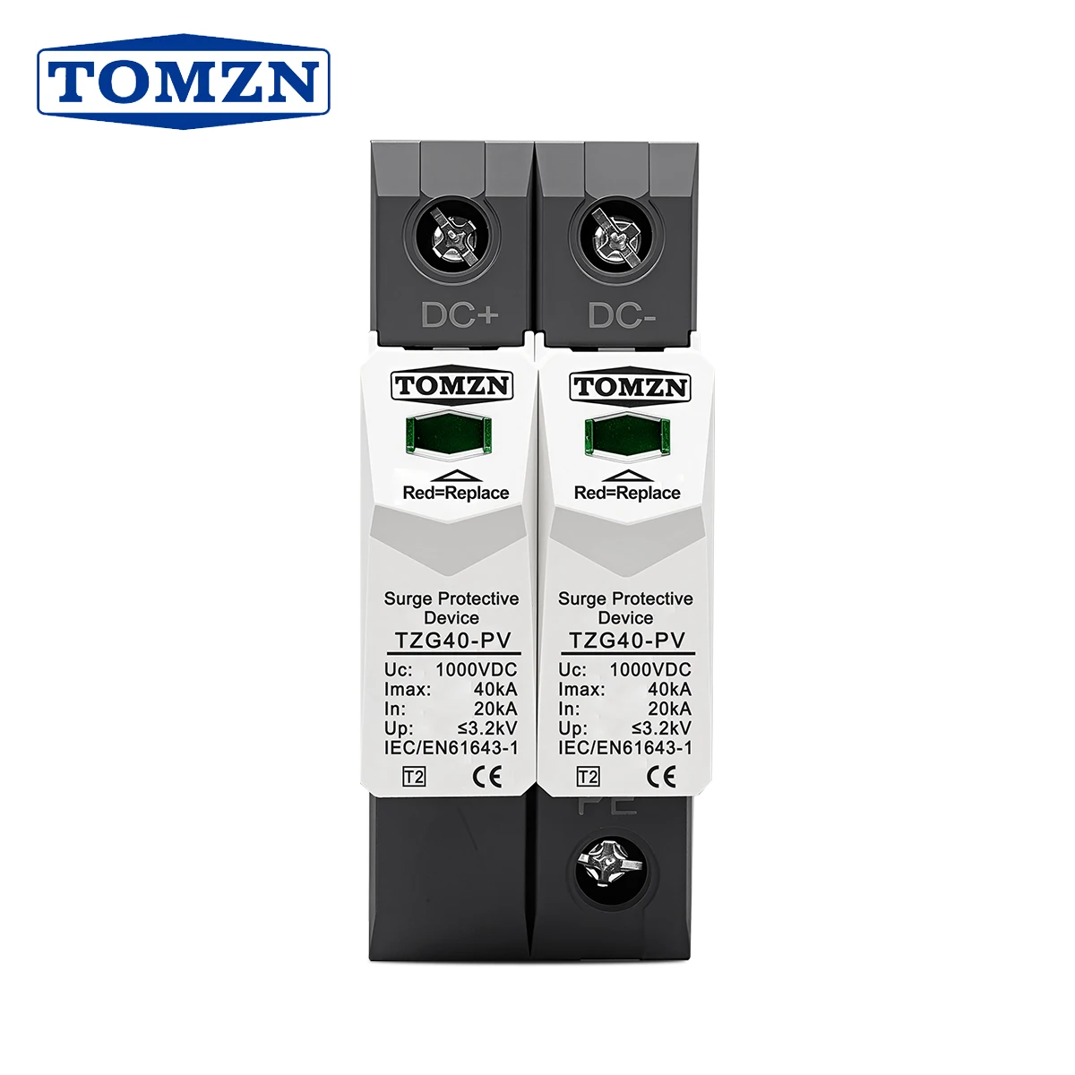 TOMZN DC SPD 2P 500V 600V 800V 1000V 20-40kA Su Guida Din Dispositivo di protezione per la protezione dell'energia esterna solare Protezione contro le sovratensioni PV
