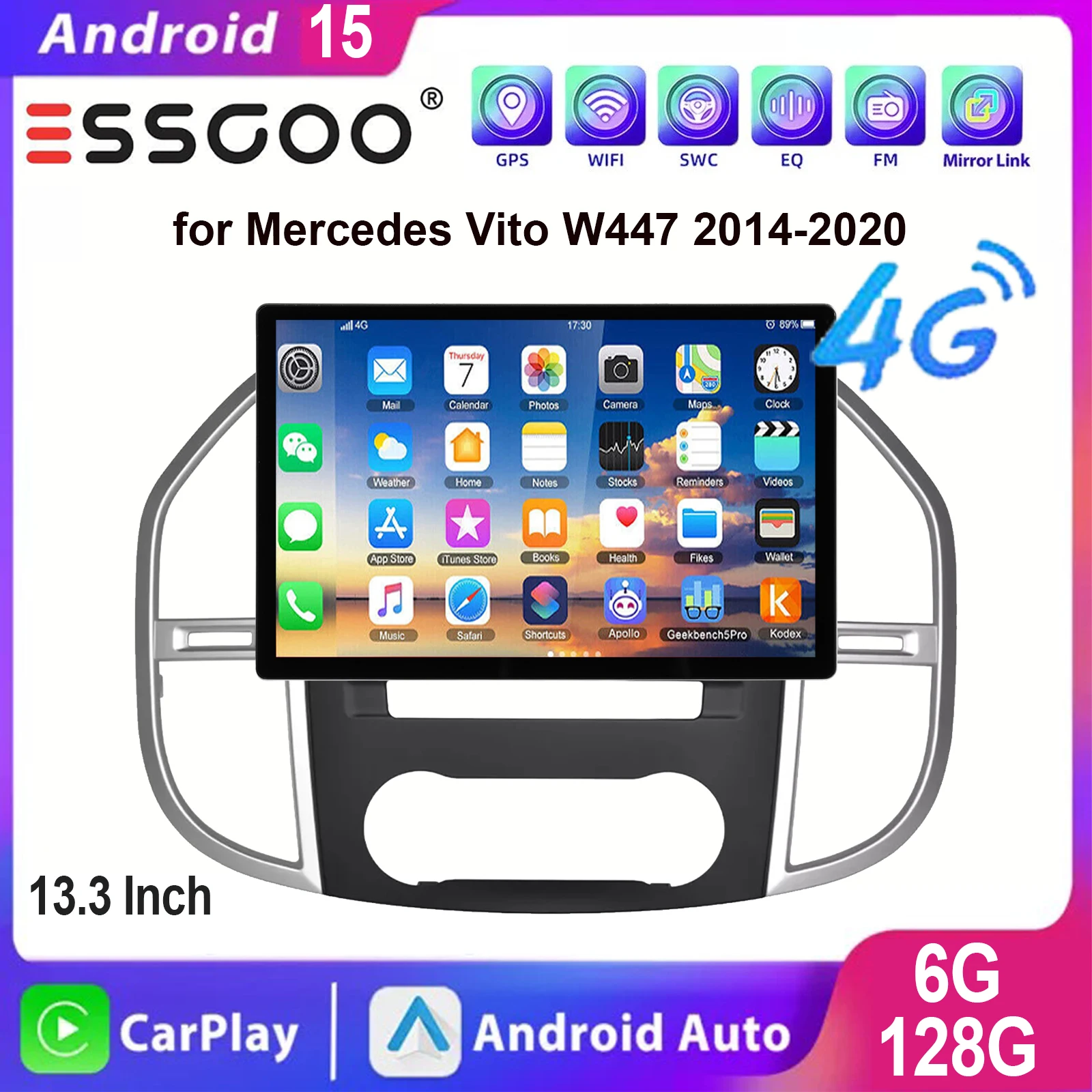ESSGOO Android 15 für Mercedes Vito W447 2014-2020 Wireless Carplay Android Auto 13,3 Zoll IPS Touchscreen Autoradio GPS Navigation WIFI Lenkradfernbedienung USB Bluetooth FM Spiegellink RDS ASP-Sound Image