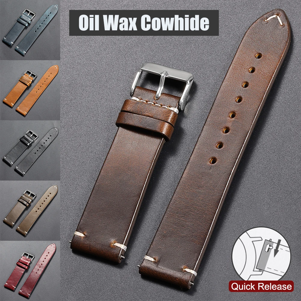 18mm 20mm 22mm Vintage Öl-Wachs-Leder Uhrenarmband 19mm 21mm 24mm Universal Genähtes Rindsleder-Armband für Seiko für Omega Uhrenband Image