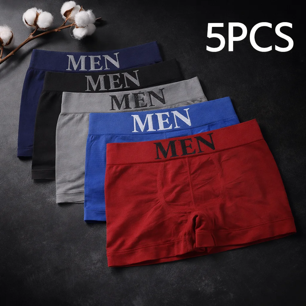 5 Stück Herren-Boxershorts, hochelastisch, atmungsaktiv, Unterwäsche, weiche Baumwolle, Stretch-Shorts, bequeme einfarbige Höschen Image