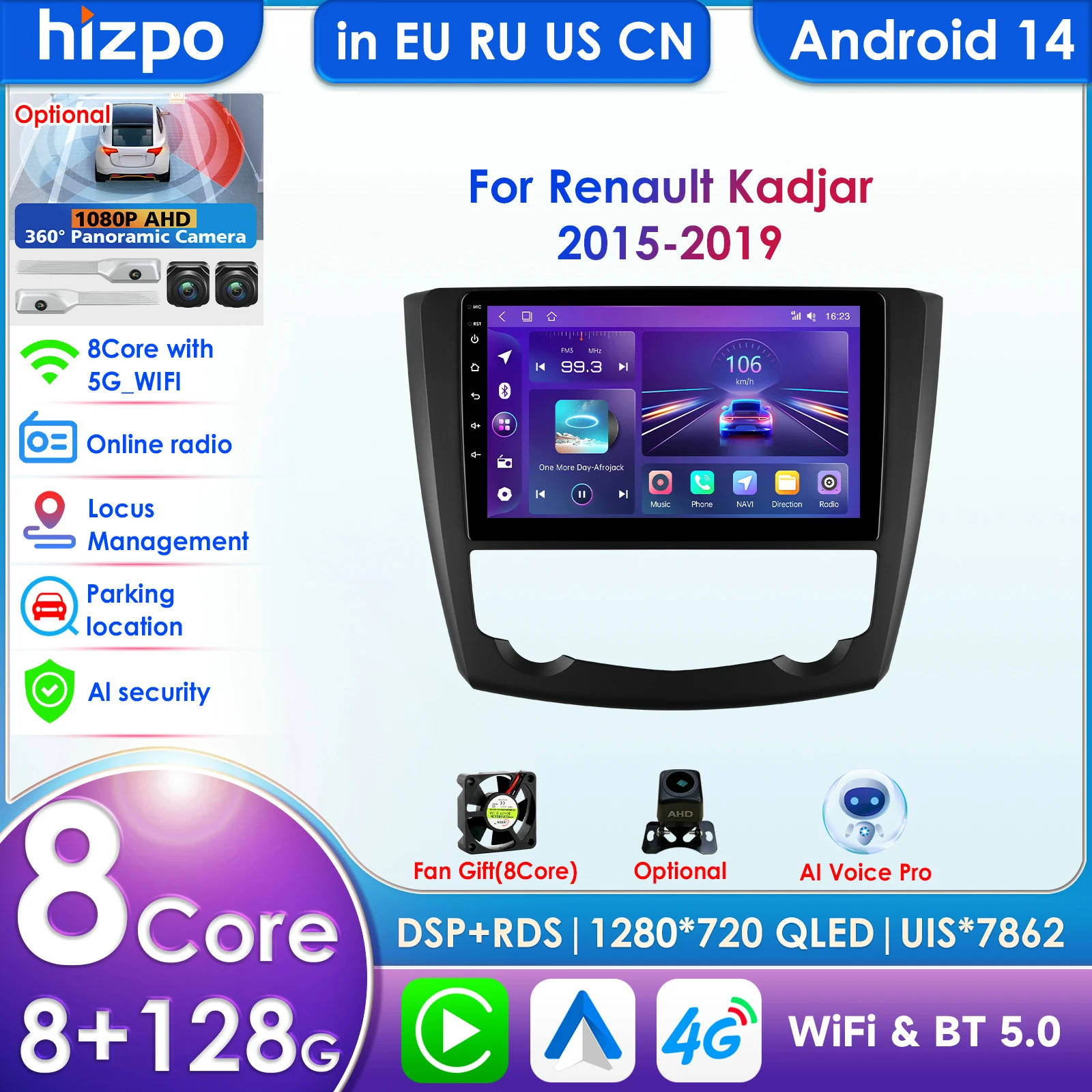 Hizpo 9 pollici Carplay 4G 2 Din Android 14 Autoradio per Renault Kadjar 2015-2019 Multimedia Video Lettore Intelligente GPS DSP WIFI