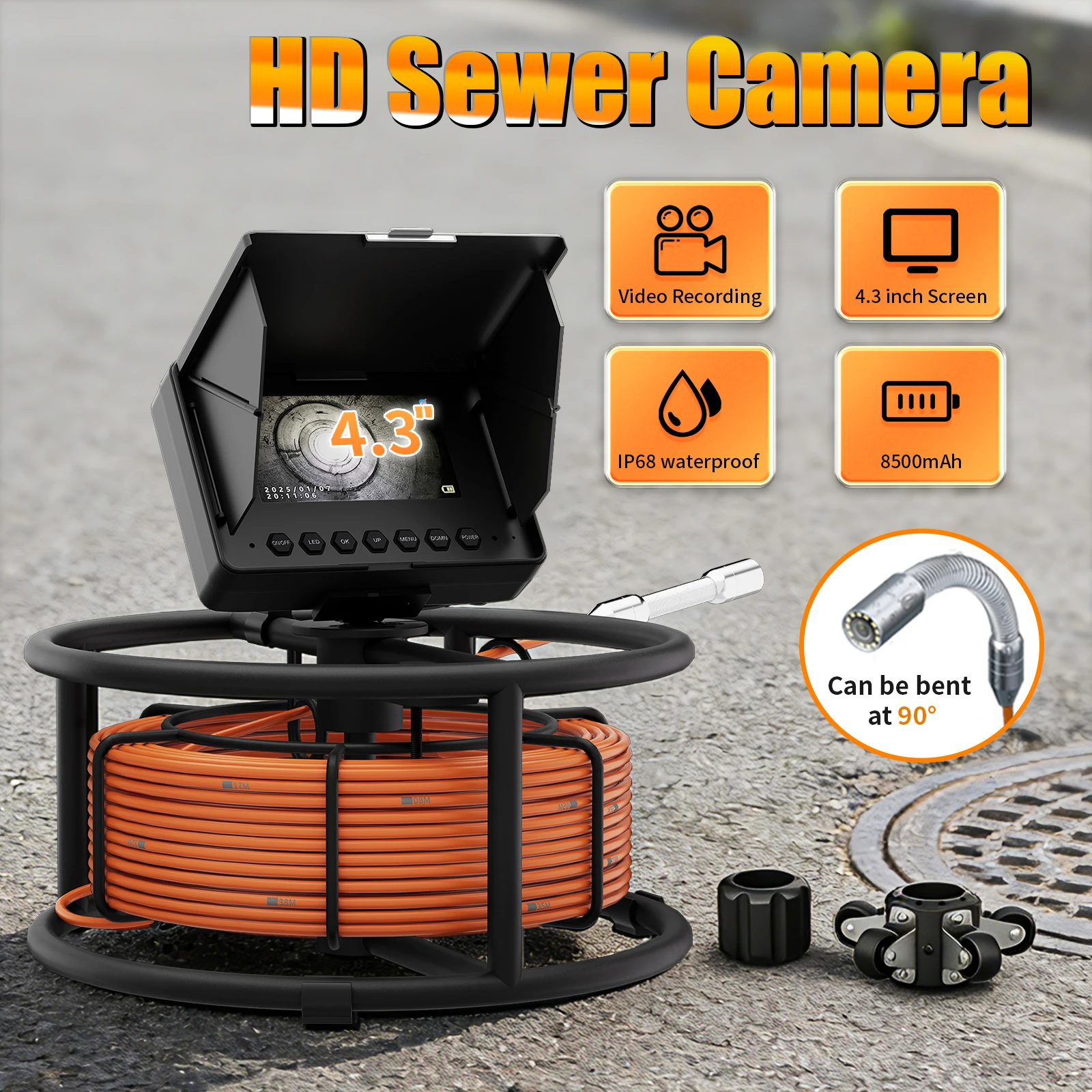 4,3-Zoll-Kanalinspektionskamera 18/23mm mit 16GB TF-Karte DVR IP68 Abfluss- und Kanalrohr-Industrieendoskop mit 8500mAh Akku Image