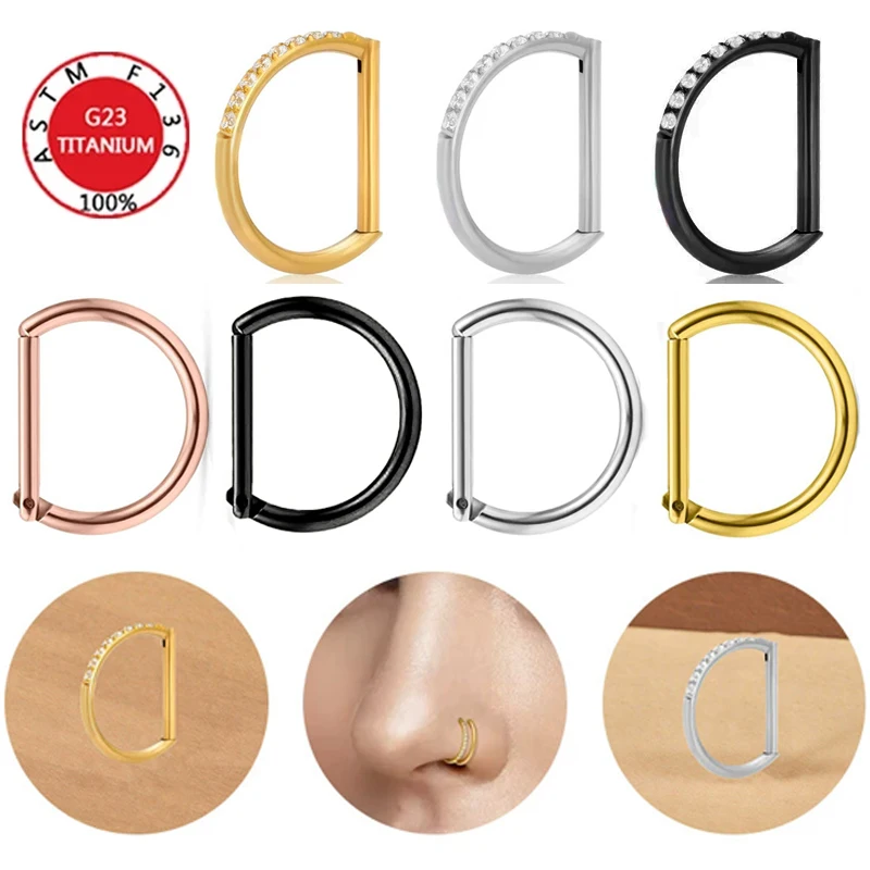 ASTM F136 Titan Nasenring D Form Septum Piercing Segmentring Clicke Schmuck CZ Nasenohrringe Lippe für halber Ring Knorpel Image
