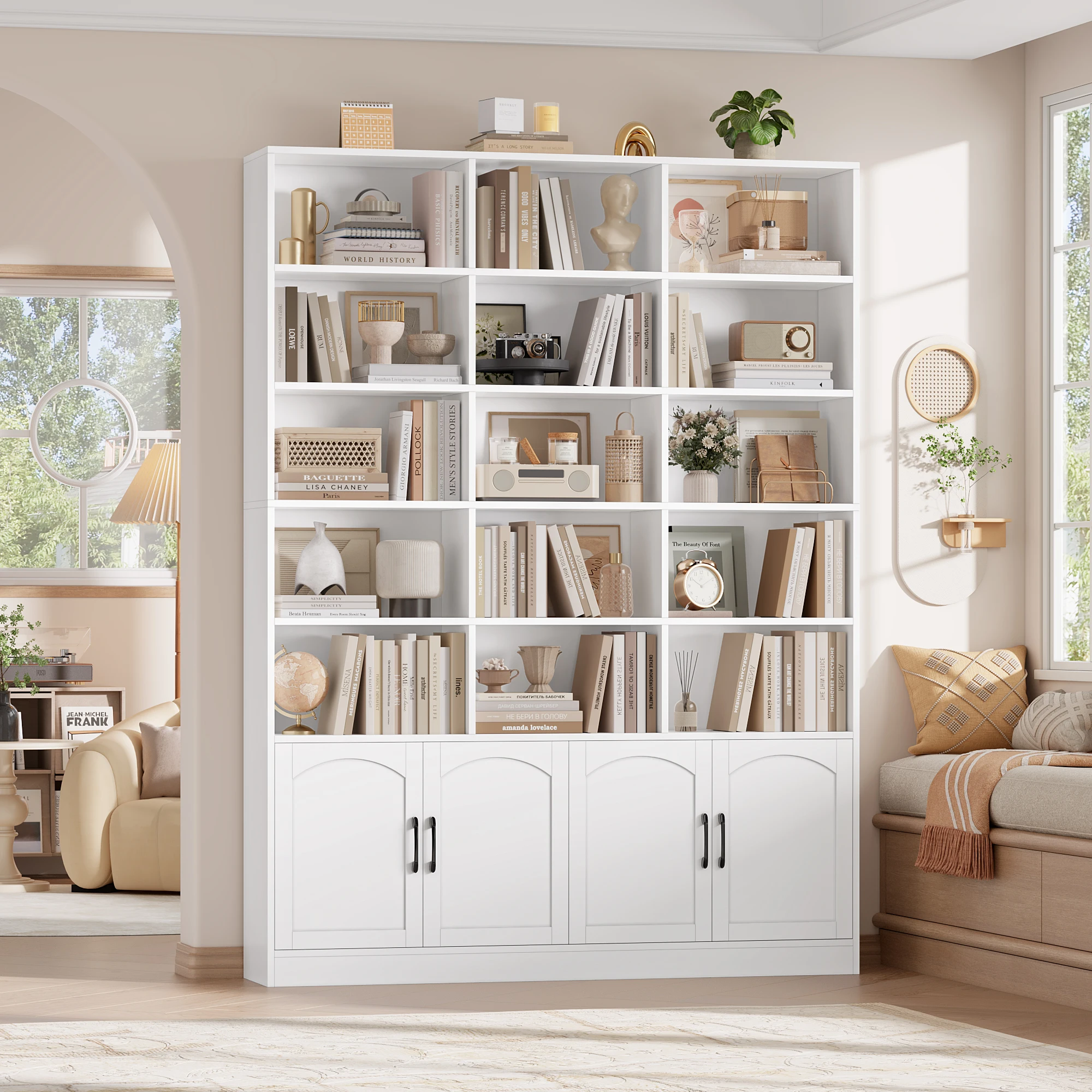 Getone Bücherregal Bücherschrank Hochschrank mit 15 Fächern 4 Türen Standregal für Wohnzimmer Büro Küche 150x23.7x209cm Image