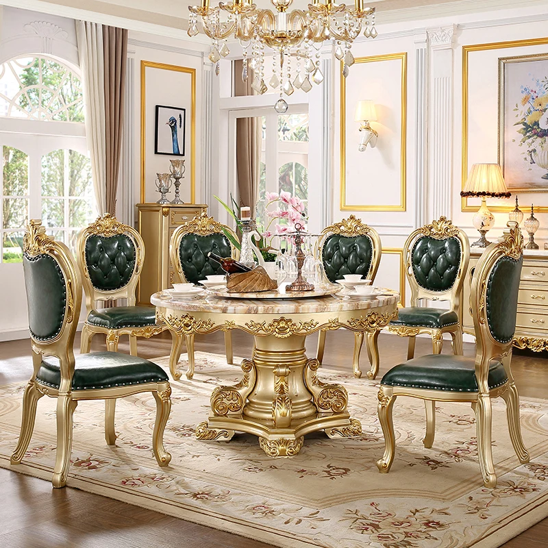 Europäische runde Esstisch- und Stuhlkombination, Stuhlvilla, runder Esstisch und Stühle für 6 Personen, Gold Image