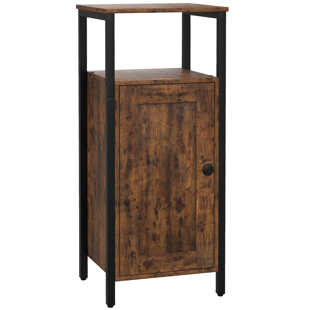 OKWISH Beistelltisch 34x30x80 cm Rustikalbraun mit Schrank und 2 offenen Fächern, verstellbares Innenregal, Stahlgestell, industrielles Design Image