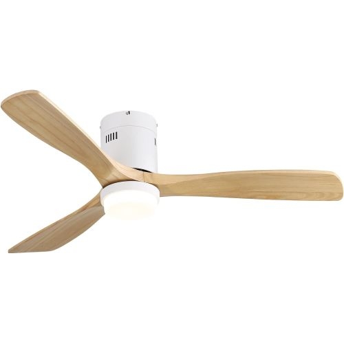 OKWISH Deckenventilator mit LED-Beleuchtung und Fernbedienung 30x132x132 cm Weiß mit 6 Stufen Timer leiser DC Motor reversibel Flush Mount Metall Holz Image