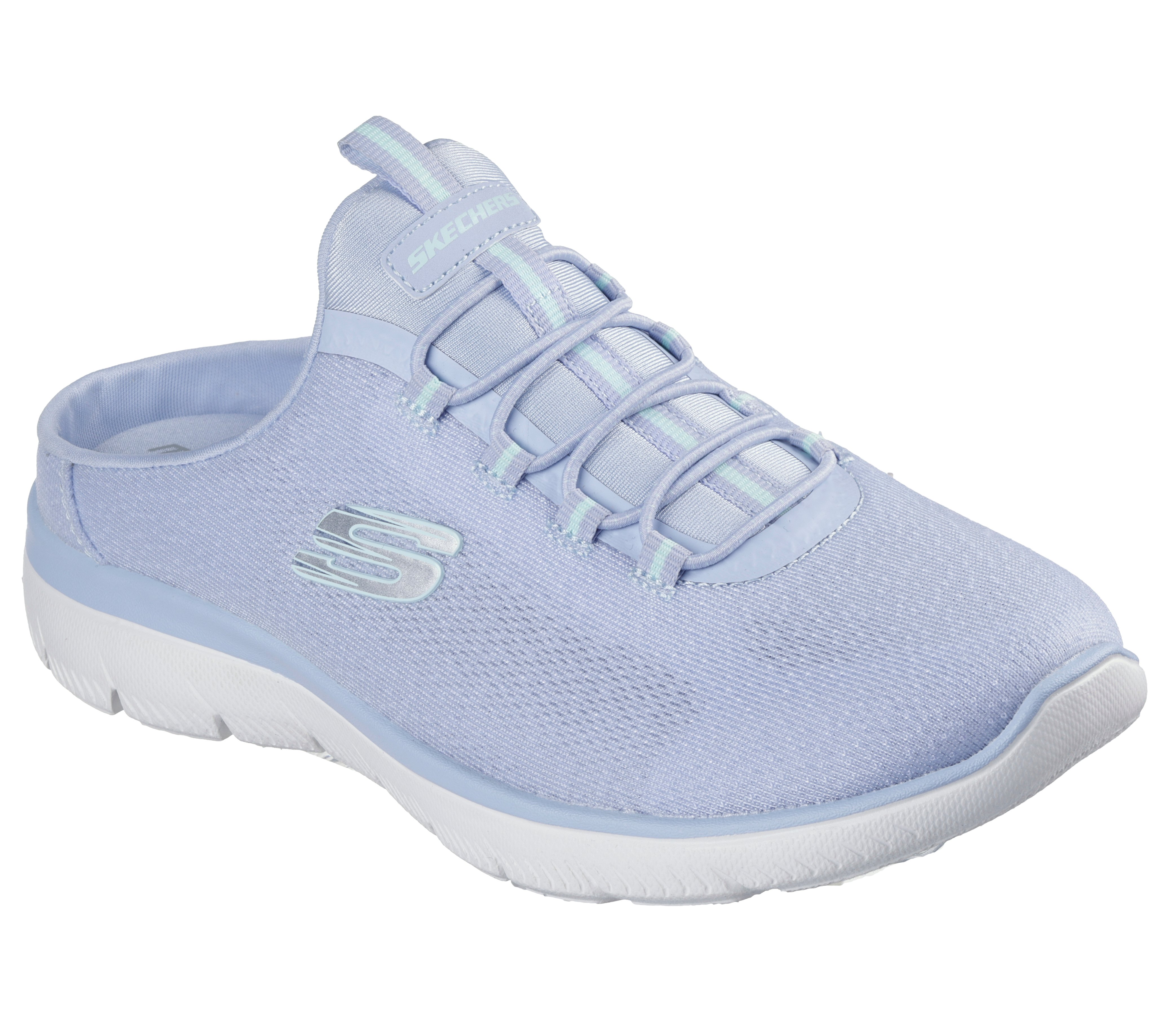 Sabot SKECHERS "SUMMITS-SIMPLY SWEET", Damen, Gr. 38, peri, hellblau, Textil, Schuhe Sabot, Freizeitschuh, Sommerschuh, Hausschuh mit weicher Innensohle