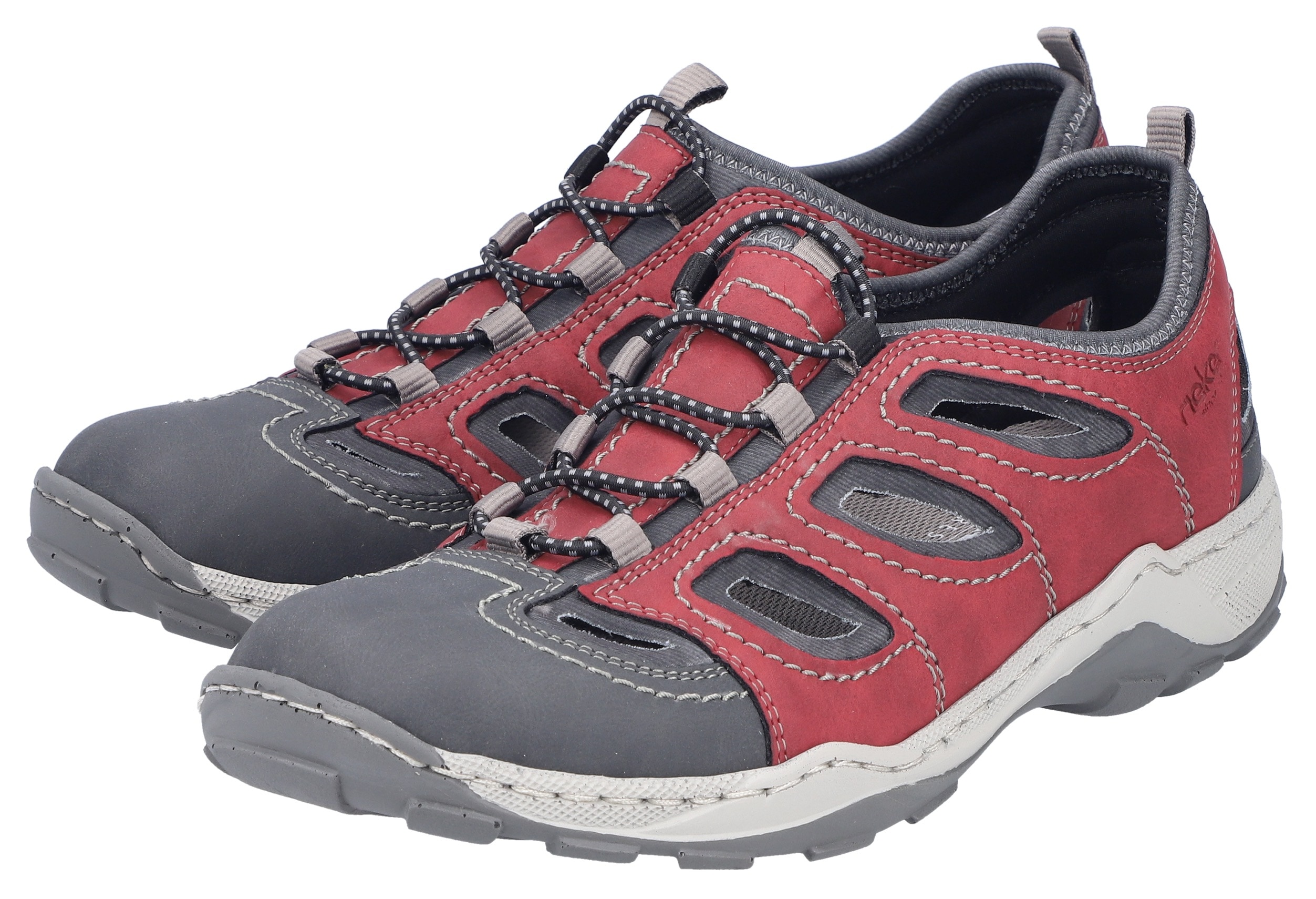 Slipper RIEKER, Herren, Gr. 47, dunkelrot, Lederimitat, Textil, unifarben mit Farbeinsatz, used, Schuhe Slipper, Trekking Schuh, Sandale, Sommerschuh mit praktischem Gummizug