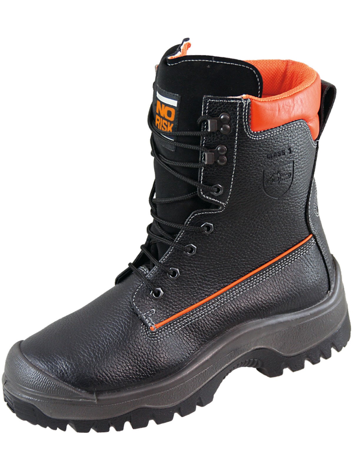 Sicherheitsstiefel NORISK "Schnittschutzstiefel NoRisk Schnittschutzstiefel" Gr. 43, schwarz (schwarz, orange), 43, Obermaterial: 100% Rindsleder Leather cow., Schuhe