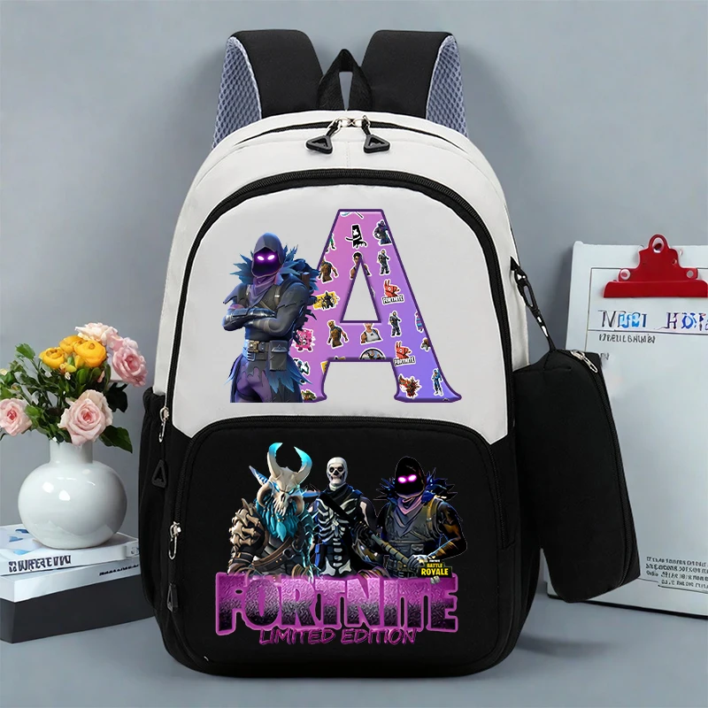 Sacs à dos pour enfants Fortnites, 2 pièces, sac à crayons, sacs d'école imprimés de lettres de dessin animé, sacs d'école de grande capacité pour garçons, cadeaux d'anniversaire
