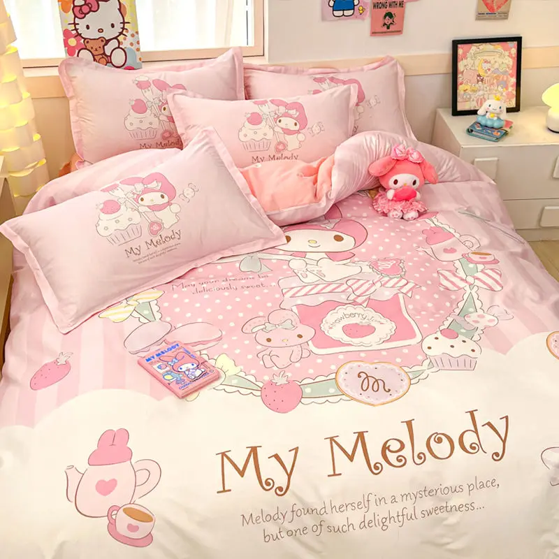 Original Sanrio Melody 100 % Baumwolle, große Version, Bett, vierteiliges Set, Baumwollbettlaken, Bettbezug, Kissenbezug, dreiteiliges Set Image