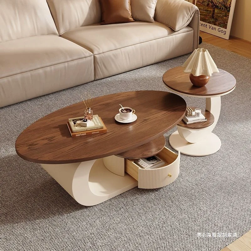 Ovaler Couchtisch in französischer Walnussfarbe für kleine Wohnungen, Wohnzimmer-Couchtisch-Kombination, leichter Luxus, modern, hochwertig Image