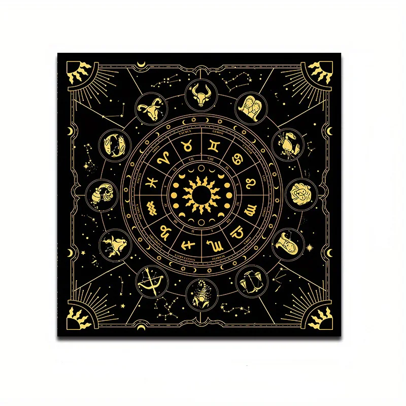 1 goldene Tischdecke mit Sonne, Mond und Sternzeichen, einseitig, 2D-Druck, langlebige Flanell-Tischdecke, Heimdekoration, Raumdekoration, Hexen-Stimmungsdekor, Geschenk Image