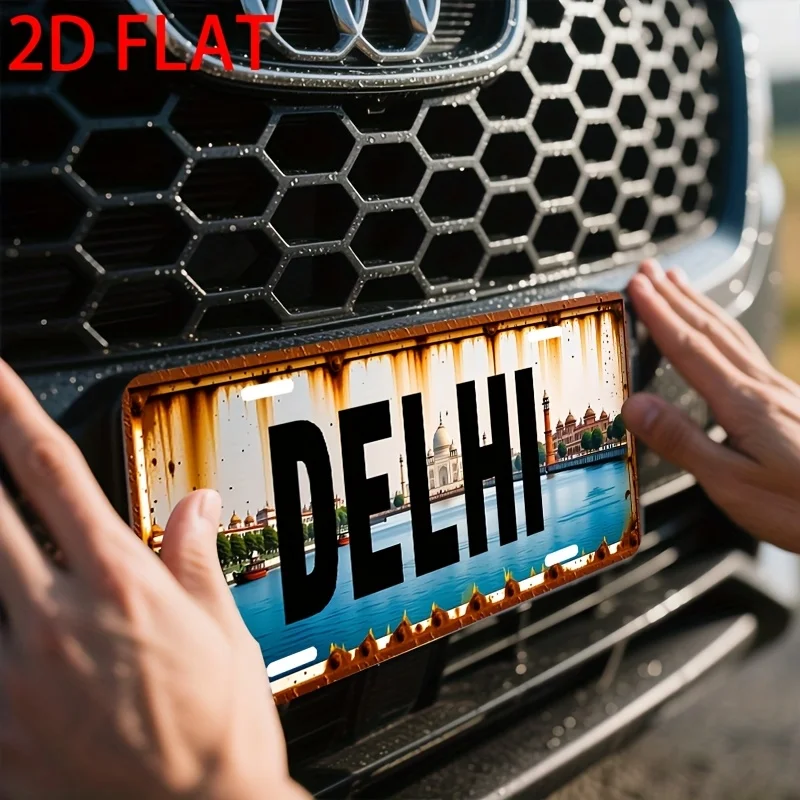1 Stück Vintage Nummernschild aus Delhi, Indien - 15,24x30,48 cm Indisches Nummernschild-Replikat mit Qutub Minar & India Gate Design, Poliert Image