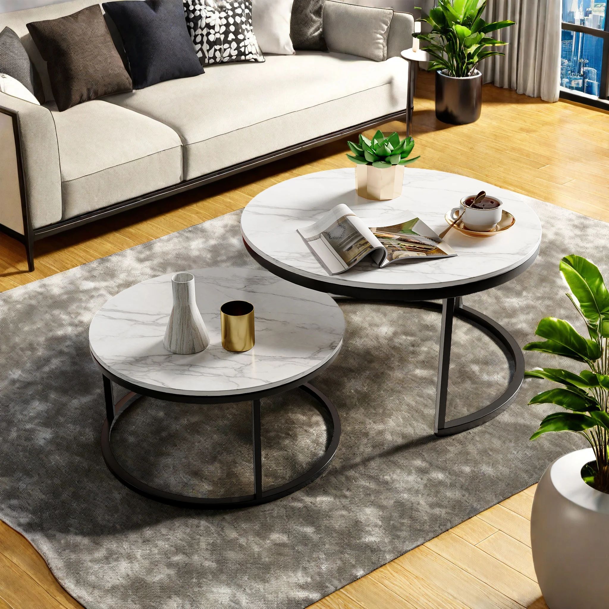 Couchtisch Rundes 80cm Marmor Set Tisch Couchtisch Tisch Set Weißes Wohnzimmer Tisch mit schwarzem Metallrahmen für Wohnzimmer