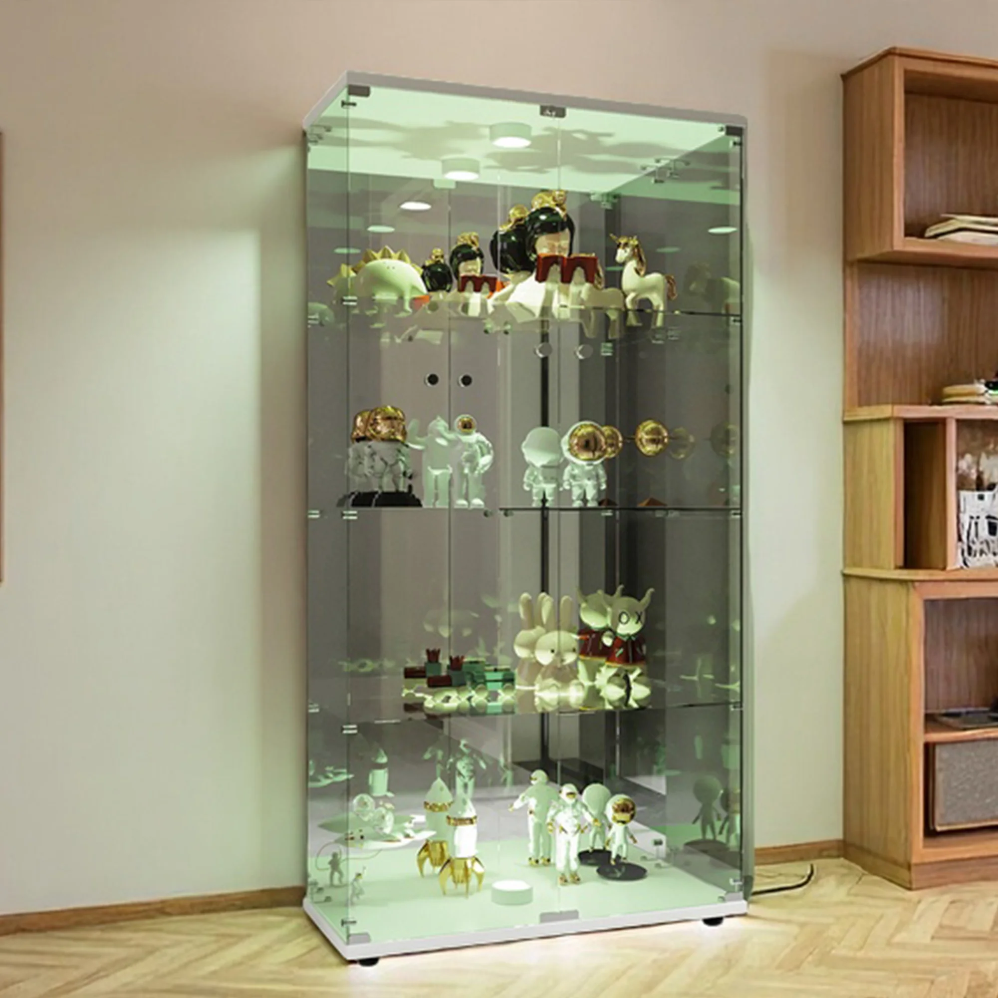 Comanlai 4-stöckige Glasvitrine mit LED-Beleuchtung, 2-türiger Vitrinenschrank Bücherregal für Bücher, Eingangsbereich, Wohnzimmer, Schlafzimmer, Weiß Image