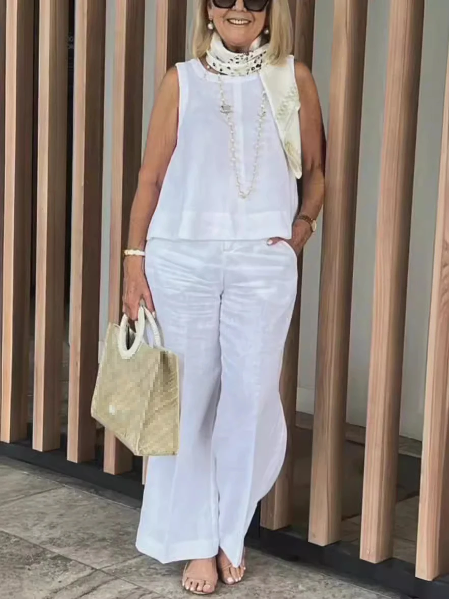 Elegante Baumwolle Leinen Hosen Sets Frauen Sommer Lose Ärmelloses Top Breite Bein Hosen 2-teiliges Set Für Frauen Casual Outfits Tragen Anzüge