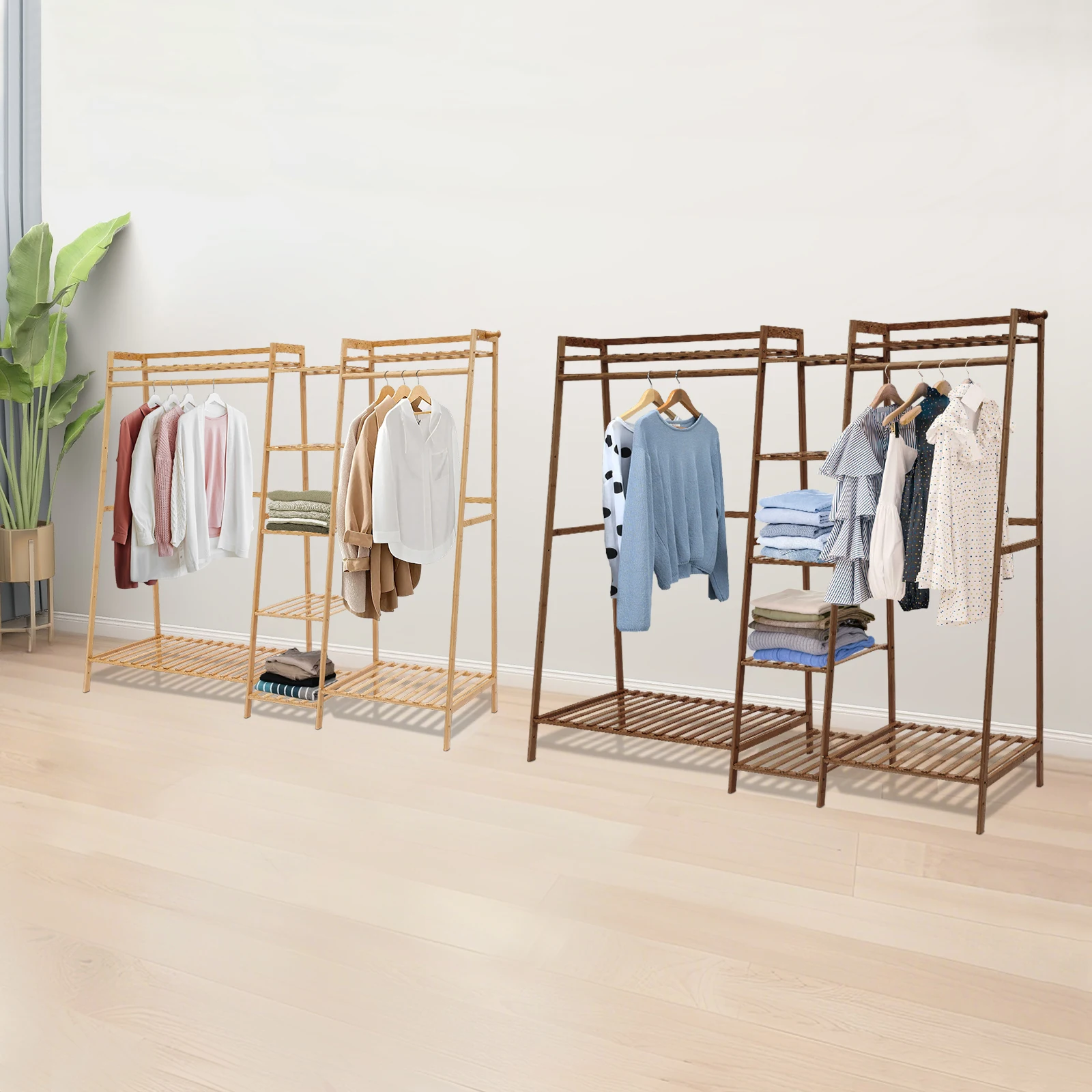 160 x 40 x 140 cm trapezförmige Garderobe, trapezförmige Garderobe aus Bambus in Tee-/Holzfarbe, geeignet für Waschküche, Schlafzimmer, Flure