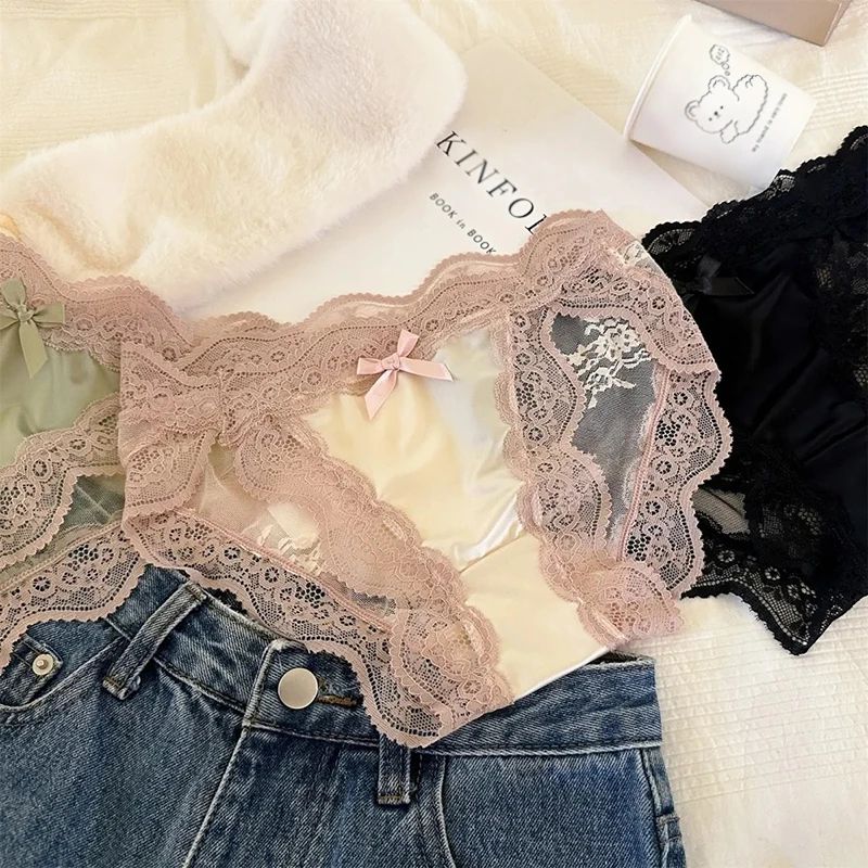 Sommerliche Atmungsaktive Transparente Spitzen-Slips mit Schleife, Bequeme Satin-Unterhosen, Sexy Baumwoll-Zwickel Damen-Slips, Elastische Spitzen-Slips Image