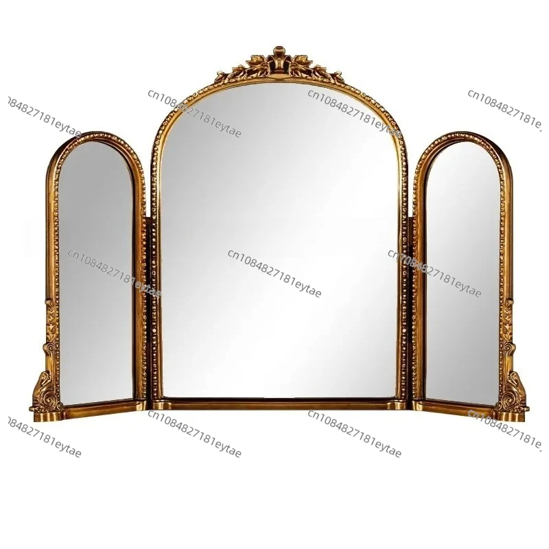 Französischer Retro-Dreifachspiegel, Europäischer Geschnitzter Schminkspiegel, Schlafzimmer-Schminkspiegel, Desktop-Klappspiegel, Dreiseitiger Spiegel für Zuhause