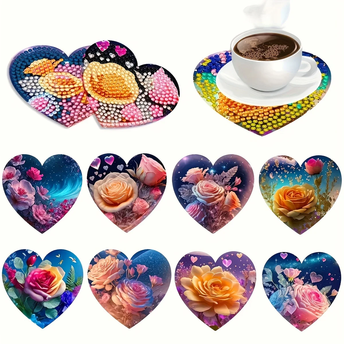 8-teiliges Set/herzförmiger, diamantbemalter Holzuntersetzer, kreativer, diamantbemalter DIY-Untersetzer, Weihnachtsgeschenk „ohne Halterung“ Image