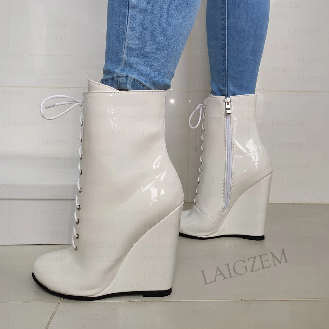 ZHIMA Damen-Stiefeletten mit Keilabsatz, seitlicher Reißverschluss, Super-High-Heels, runde Zehen, handgefertigt, kurze Stiefel, Damenschuhe, große Größe 41, 43, 45, 52