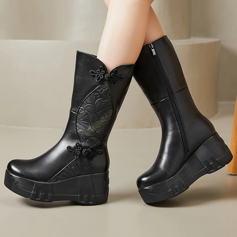 GKTINOO 2025, Retro-Damenstiefel aus Naturleder, handgefertigt, Winter-Stiefel mit Keilabsatz, weiches Rindsleder, Damenschuhe, Plattform, mittelhohe Stiefel