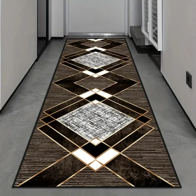 Moderner Geometrischer Diamant-Flurteppich - Schwarz-Gold & Grau Gemusterte Bodenmatte Ideal für Korridor-Dekoration Image
