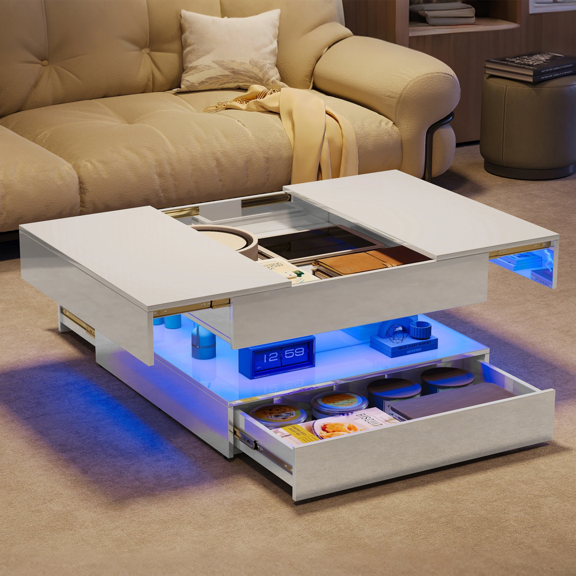 Comanlai Hochglanz-Couchtisch mit 2 Schubladen und LED-Beleuchtung, Ausziehbarer Quadratischer Wohnzimmer-Beistelltisch mit Verstecktem Fach