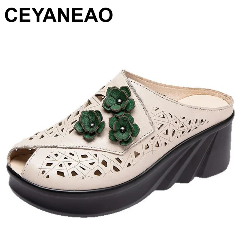 Blumen Hohl Frauen Schuhe Mama Hausschuhe Sommer Peep Toe Keile Aus Echtem Leder Dame Rutschen Plattform Schuhe Frau