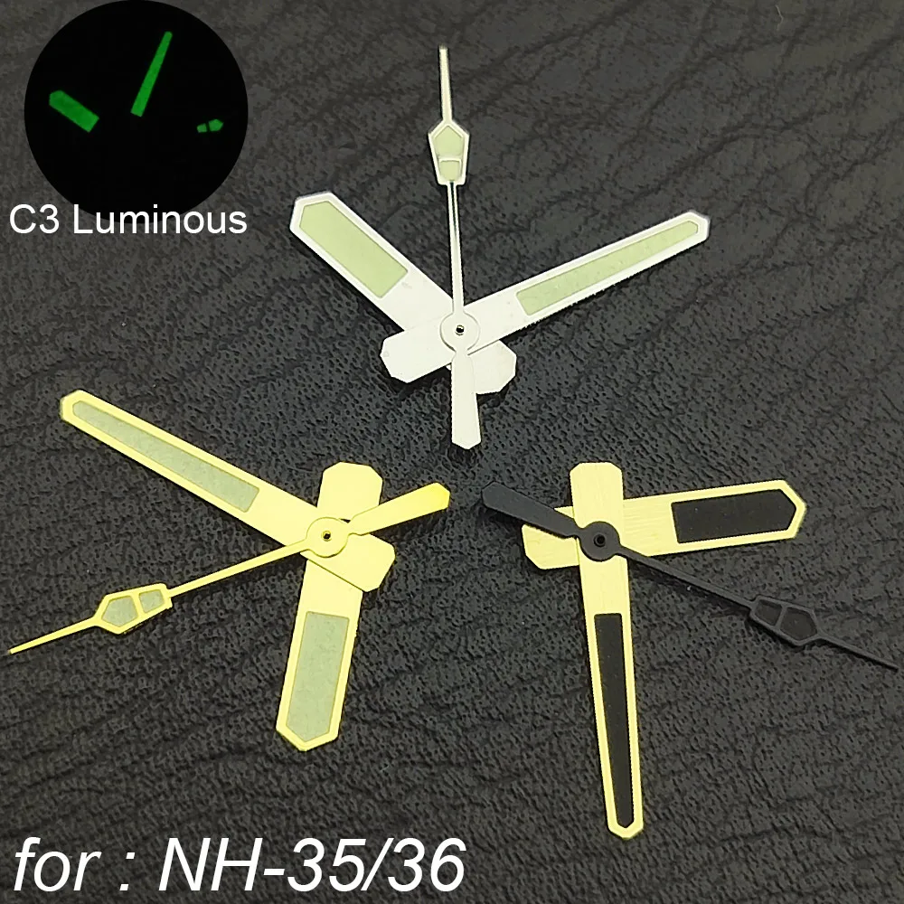 12,5 mm Silber/Gold/Schwarz Uhrzeiger C3 Grün leuchtende Passform NH35 NH36 Uhren Uhrwerk Zubehörteile Image