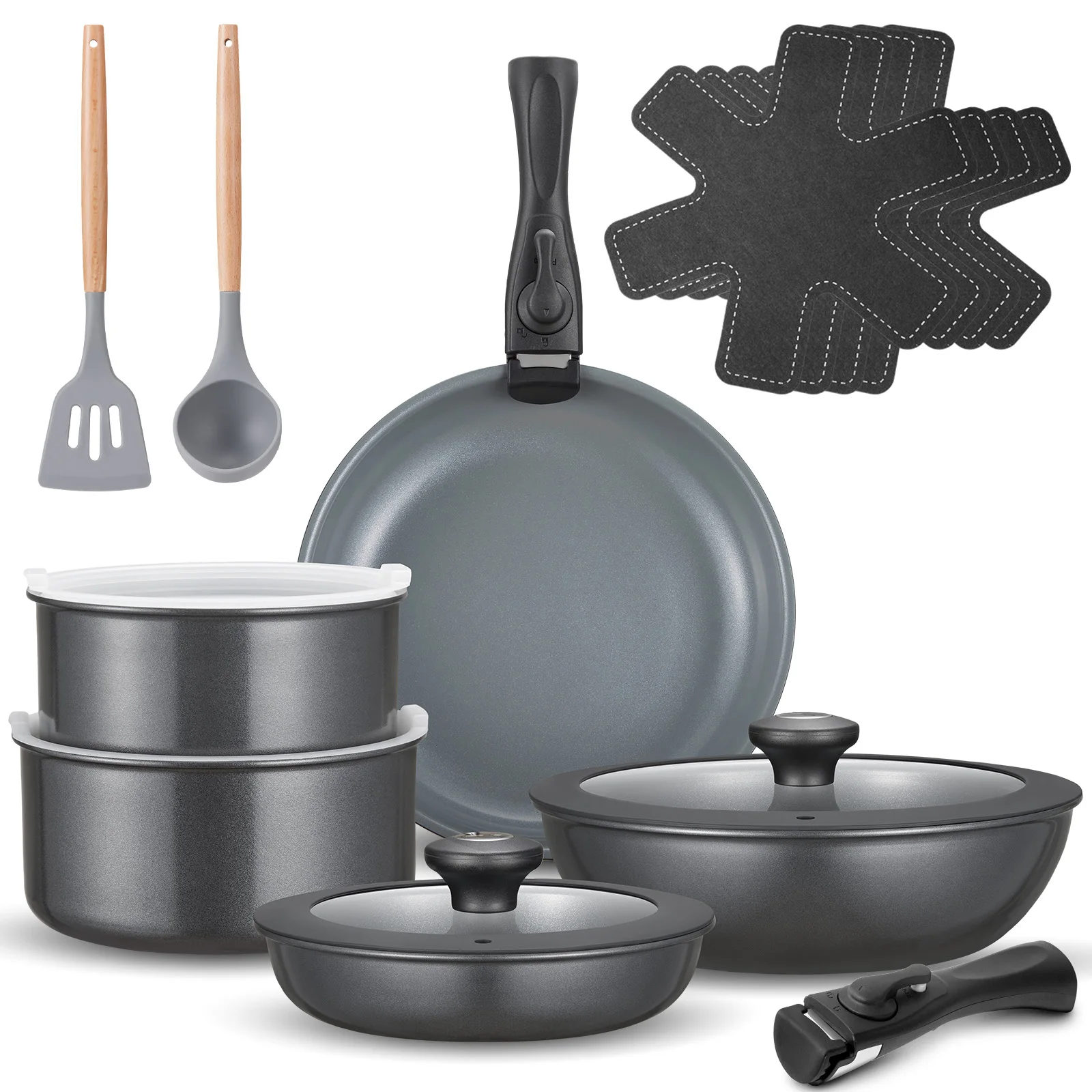 BEZIA Induktions Töpfe Set 17-Tlg, Keramik Pfannenset mit abnehmbarer Griff, Camping Kochtopf Set für alle Herdarten, Topset Ind Image