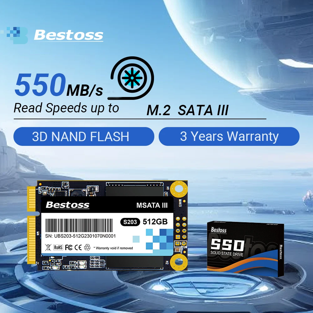 Bestoss mSata SSD 1 TB 512 GB 256 GB Mini Sata 3.0 Festplatte 128 GB Interne Solid-State-Festplatte für Laptop-Desktops, Computer Image