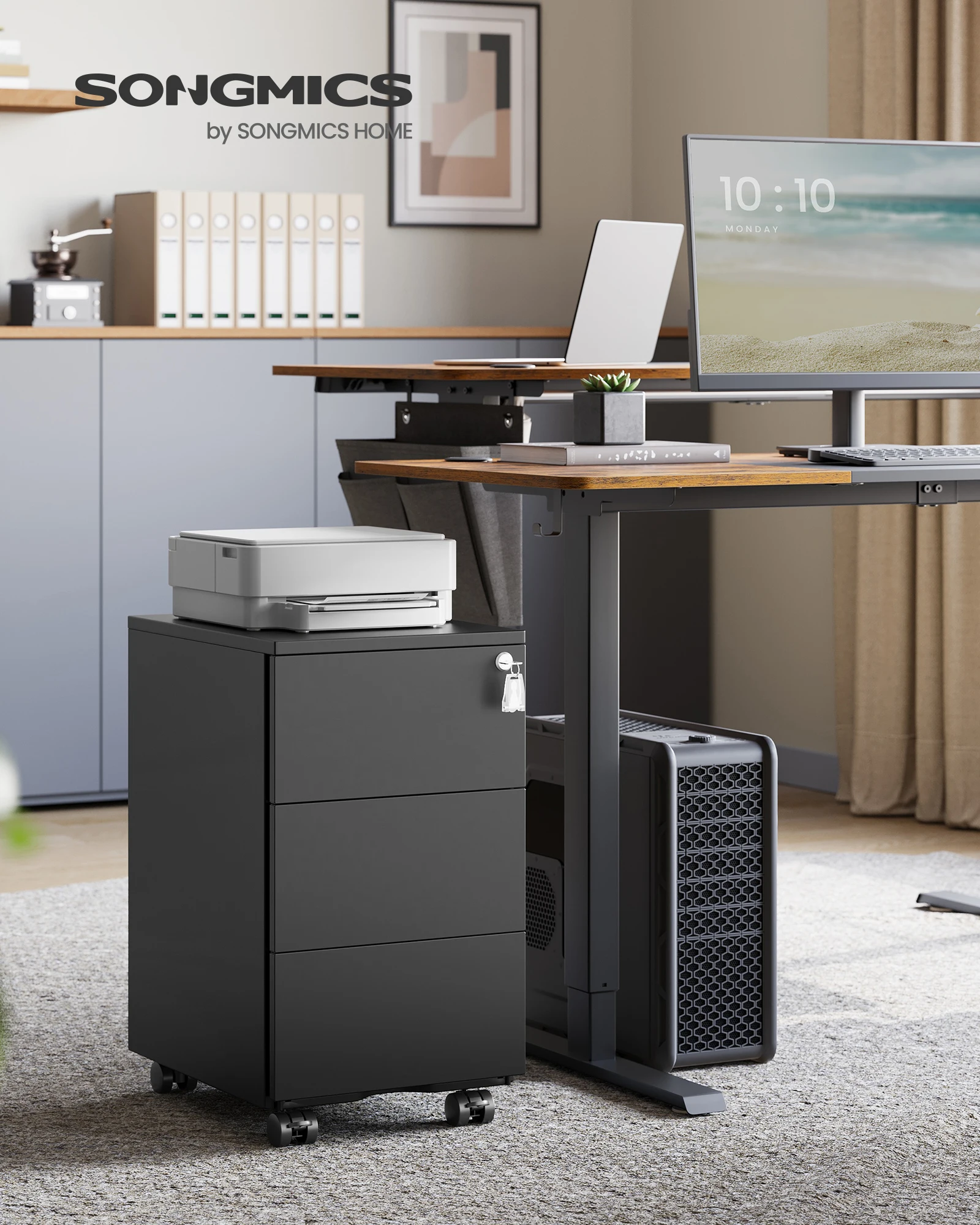 SONGMICS Schubladenschrank, Rollcontainer, mobiler Aktenschrank, Metallschrank, Druckertisch, abschließbar, 3 Schubladen Image